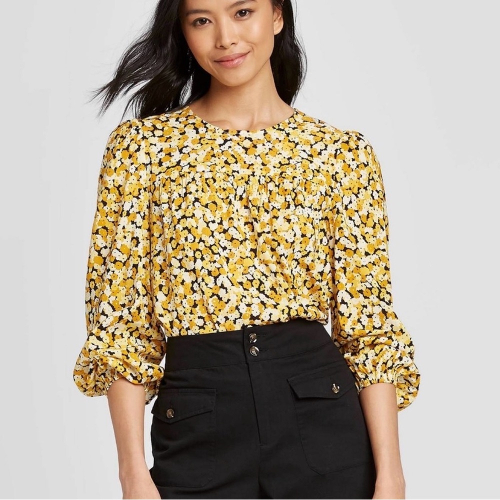 Who What Wear Yellow Floral Balloon Sleeve Blouse